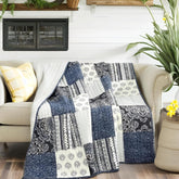 DaDalogy Navy Blue Patchwork Quilted Lap Throw Blanket – Farmhouse Cottage Style Cotton Throw – Ideal for Sofa or Bed – 50" x 60" - DaDa Bedding Collection